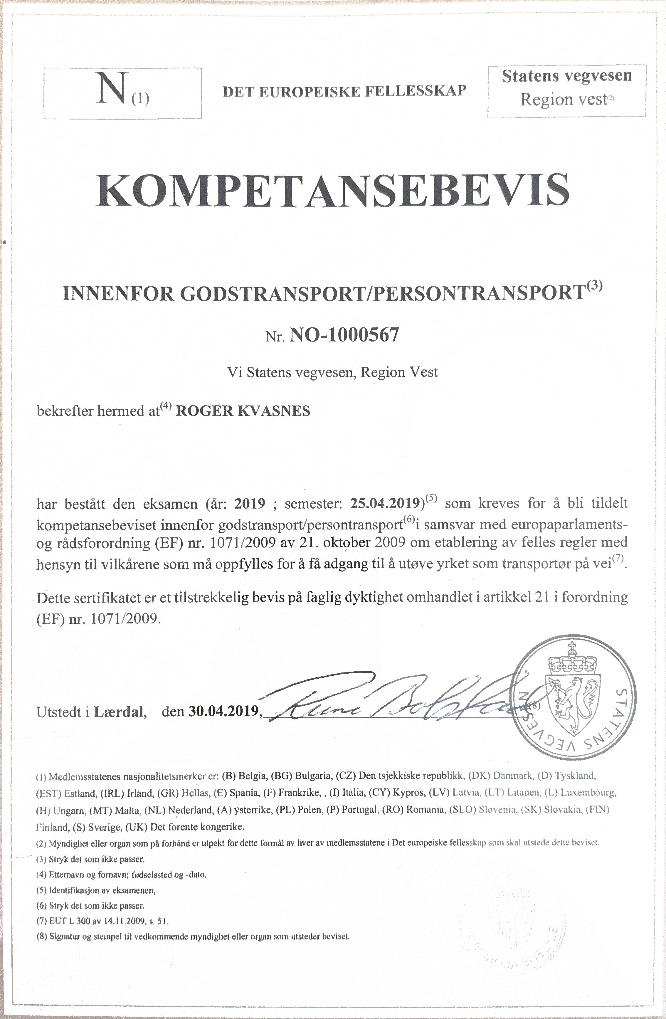Kompetansebevis for godstransport utstedt til Roger Kvasnes av Statens vegvesen